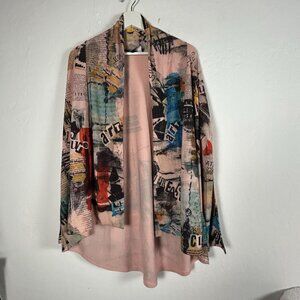 Inoah Womens Art Print Top Secret Cardigan Sweater Large Pink Stretch Open Front